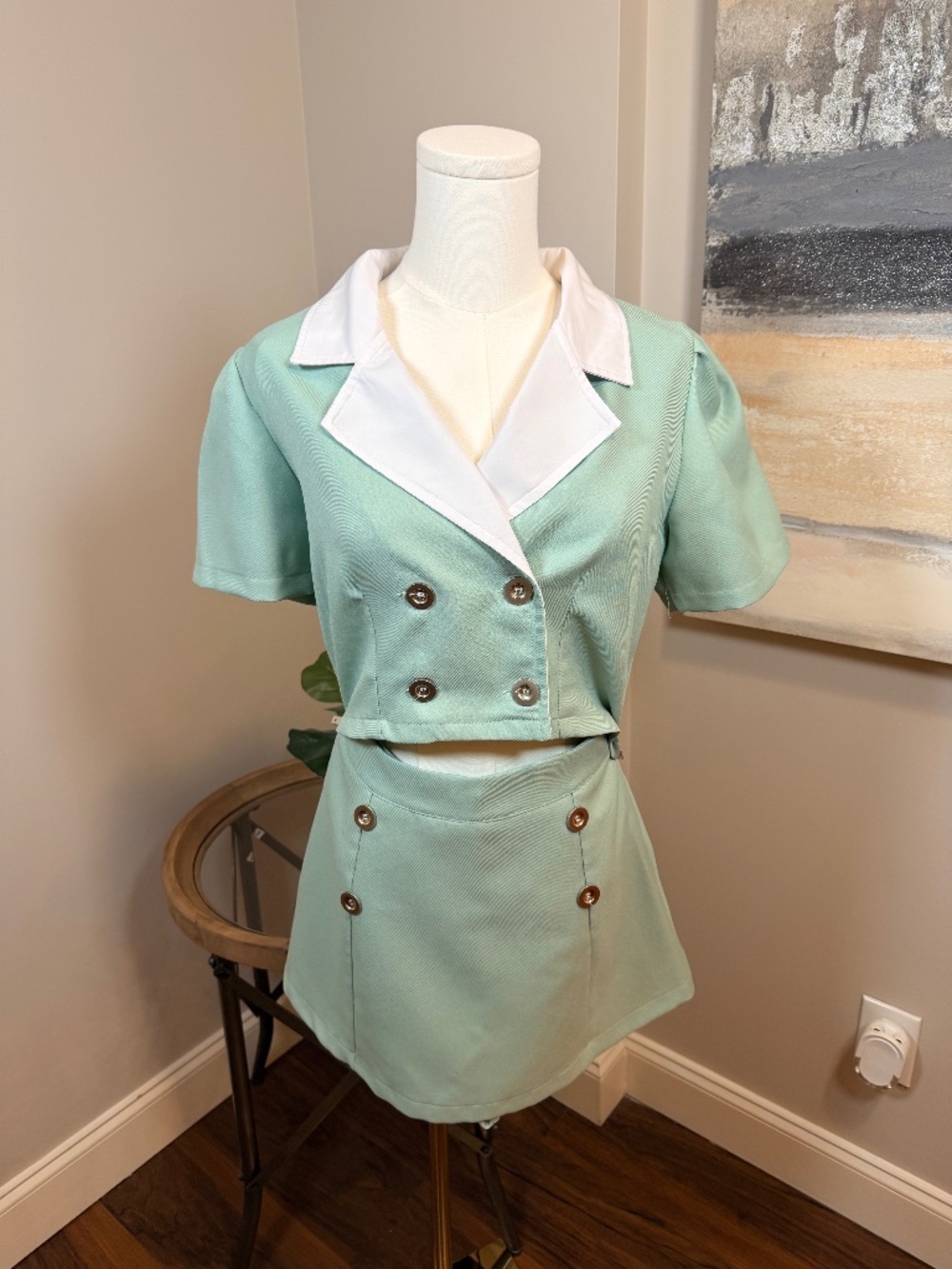 Mint Green Two-Piece Skirt Set w/ White Collar – Retro Style
